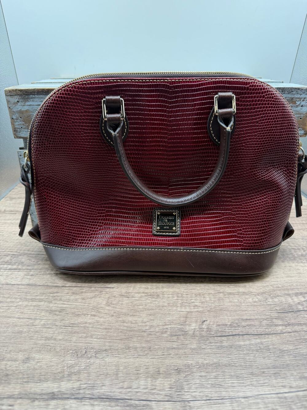 Dooney & Bourke Burgundy Lizard Embossed Leather Zip Zip Dome Satchel Bag⁠